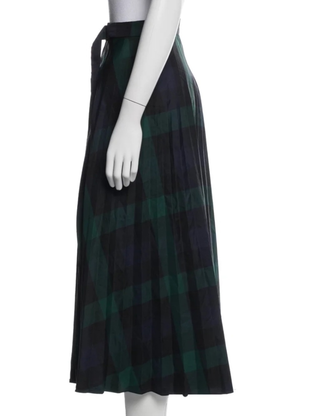 Sandro Green and Black Plaid Pleated Midi Skirt with Waist Tie Size 2 (FR) or M - Picture 2 of 5